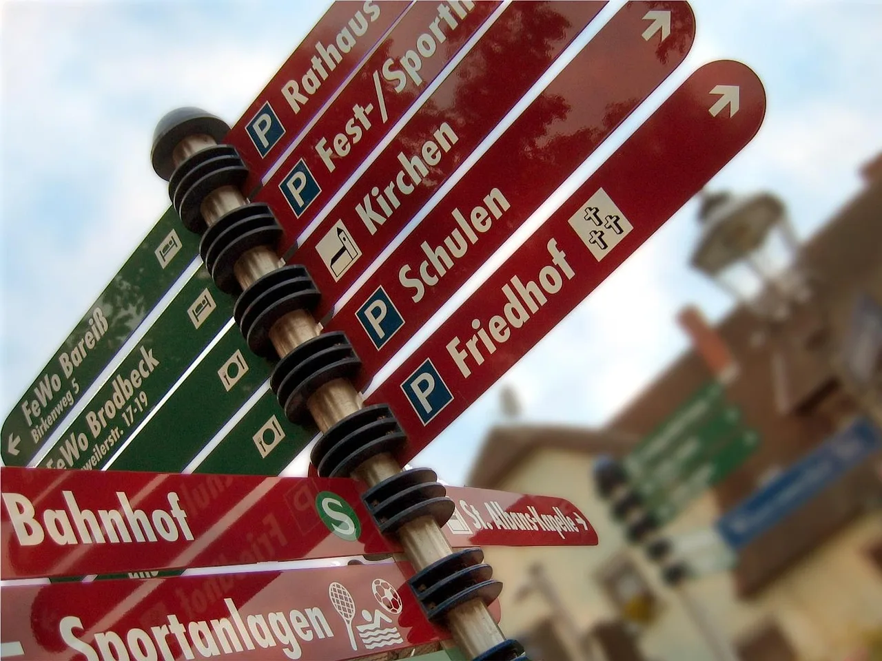 signpost, traffic, a notice, sign, road, board, direction, information sign, transport panel, path, school, church, festival place, graveyard, town hall, railway station sports facility, signpost, signpost, signpost, signpost, signpost