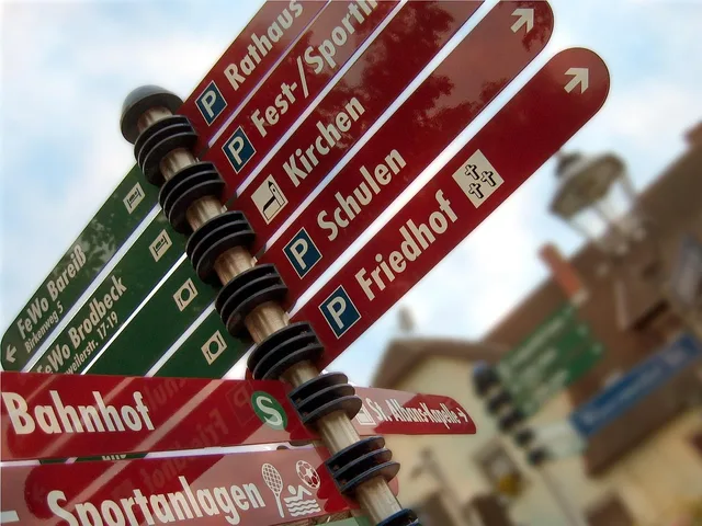 signpost, traffic, a notice, sign, road, board, direction, information sign, transport panel, path, school, church, festival place, graveyard, town hall, railway station sports facility, signpost, signpost, signpost, signpost, signpost. Four public signals that may point to branding demand, and their limits