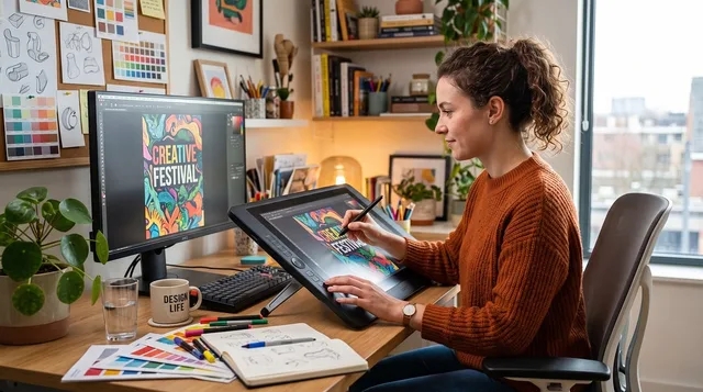 graphic design, digital illustration, computer monitor, pen tablet, woman working, office environment, illustrative project, creative festival, wall decoration, office plant, coffee cup, notebook, color palette, computer programming, landscape architecture, display, work, morning, home office. Why England has no official branding agency market total